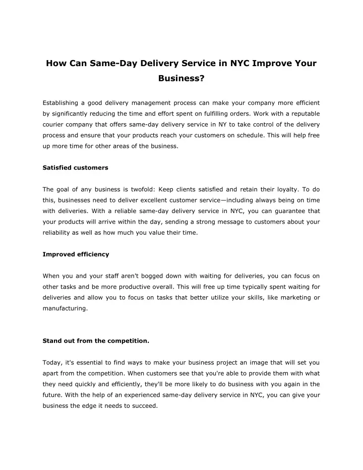 how can same day delivery service in nyc improve
