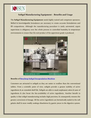 Softgel Manufacturing Equipment – Benefits and Usage