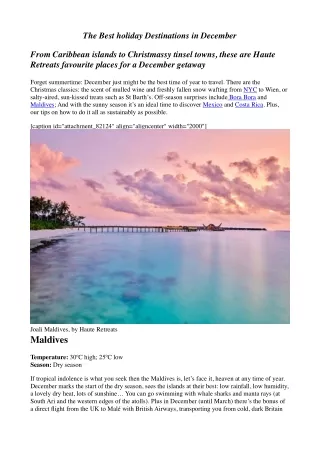 The Best holiday Destinations in December by Haute Retreats
