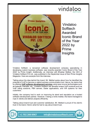 Vindaloo Softtech Awarded Iconic Brand of the Year 2022 by Prime Insights