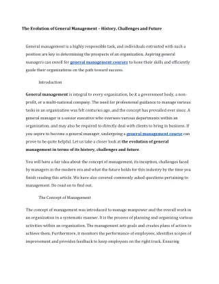 The Evolution of General Management – History, Challenges and Future