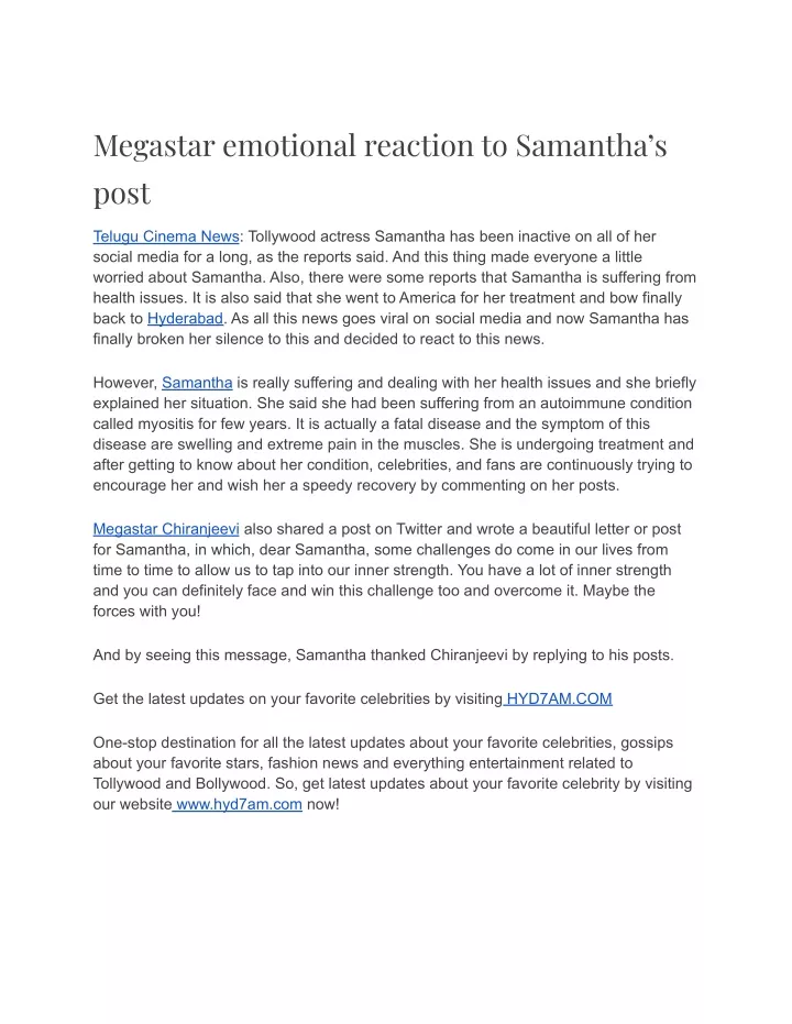 megastar emotional reaction to samantha s post