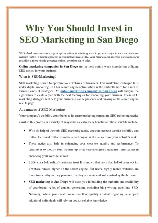 Why You Should Invest in SEO Marketing in San Diego