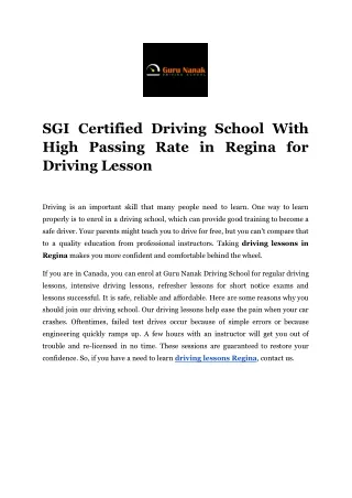 SGI Certified Driving School With High Passing Rate in Regina for Driving Lesson