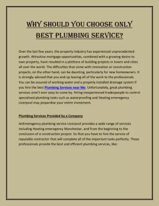 Why Should You Choose Only Best Plumbing Service?