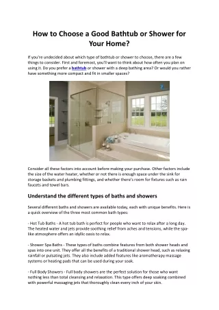 How to Choose a Good Bathtub or Shower for Your Home