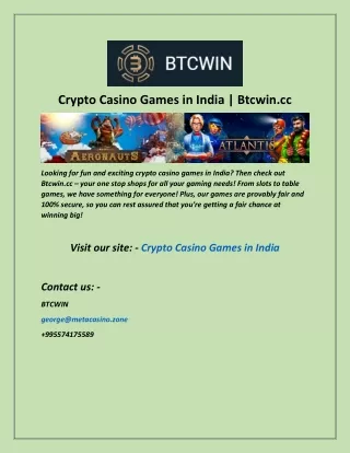 Crypto Casino Games in India  Btcwin cc