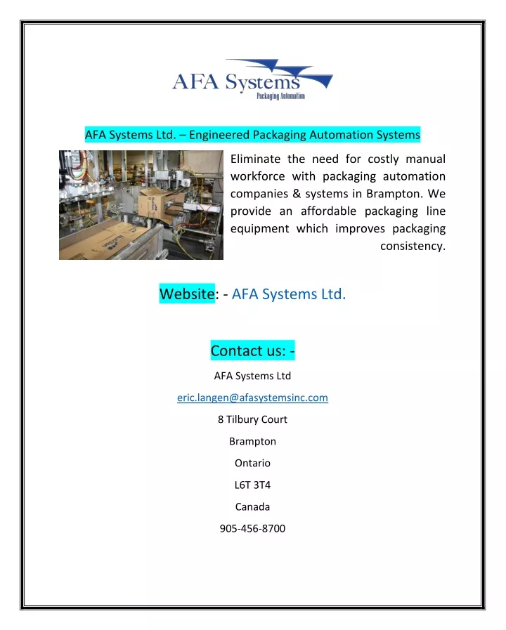 afa systems ltd engineered packaging automation