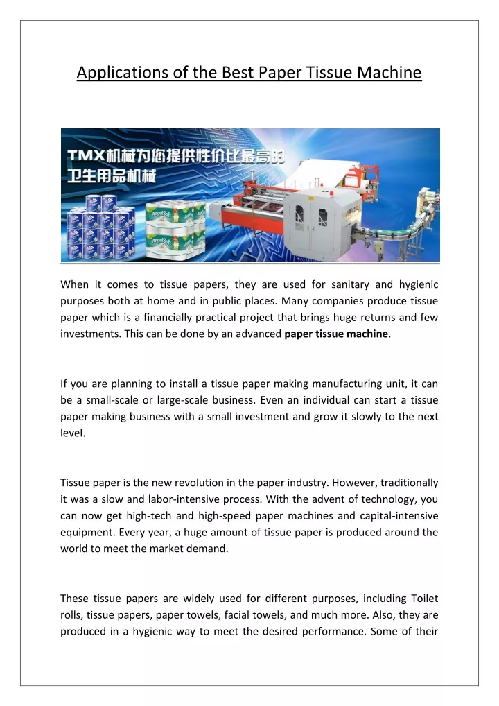 applications of the best paper tissue machine