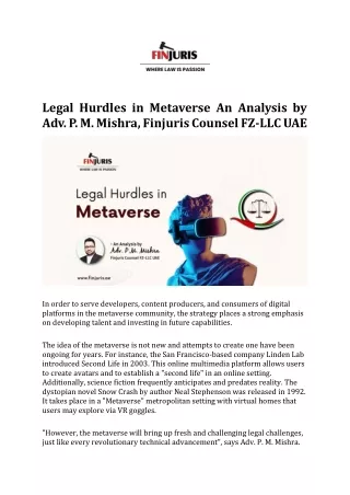 Legal Hurdles in Metaverse An Analysis by Adv. P. M. Mishra, Finjuris Counsel FZ-LLC UAE
