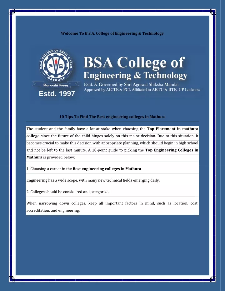 welcome to b s a college of engineering technology