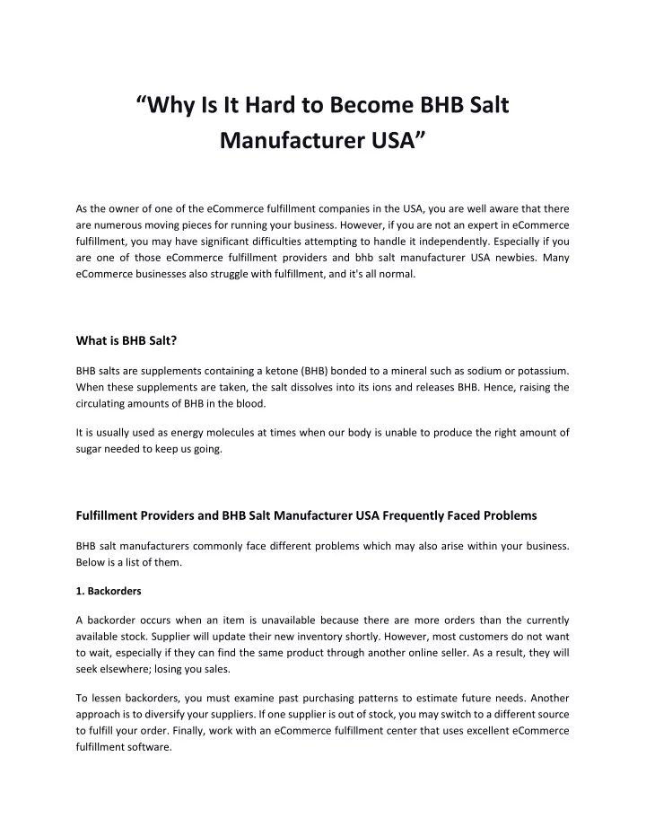 why is it hard to become bhb salt manufacturer usa