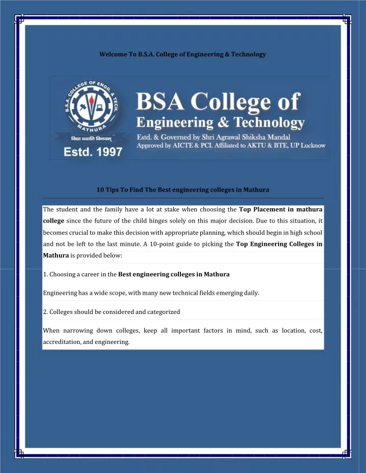 welcome to b s a college of engineering technology