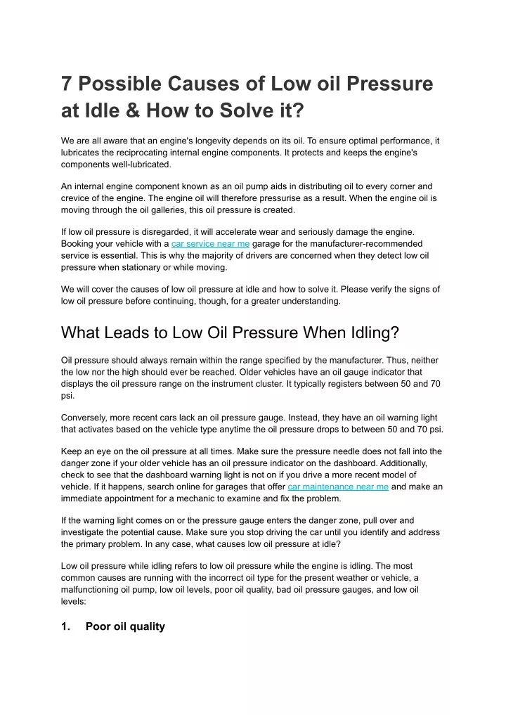 7 possible causes of low oil pressure at idle