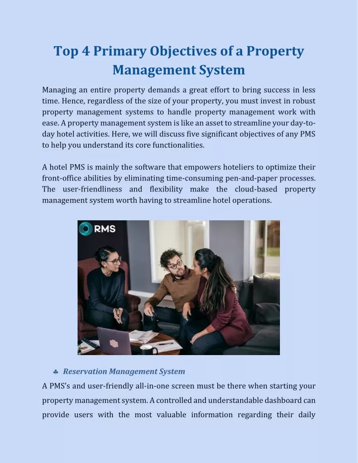top 4 primary objectives of a property management