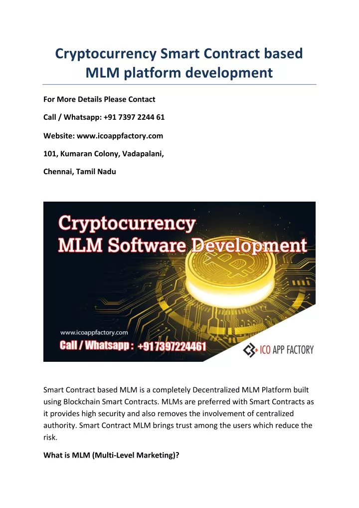 cryptocurrency smart contract based mlm platform