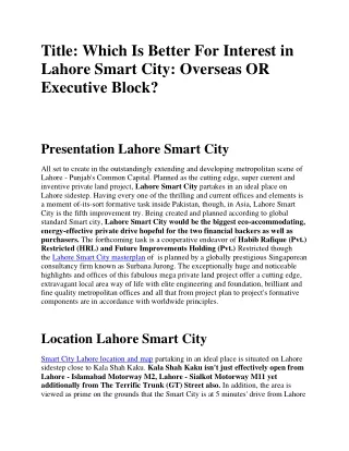 Which Is Better For Interest in Lahore Smart City. Overseas OR Executive Block