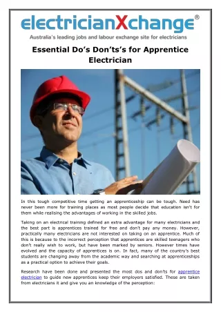 Essential Do’s Don’ts’s for Apprentice Electrician