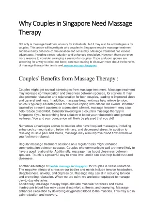 Why Couples in Singapore Need Massage Therapy