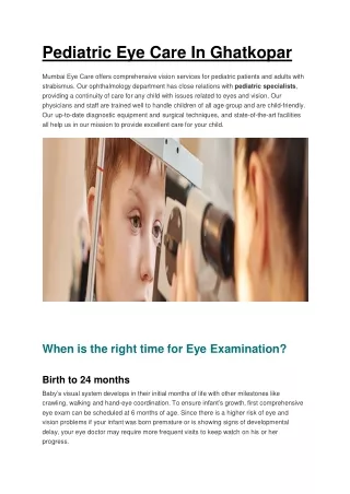 Child Eye Clinic In Ghatkopar, Pediatric Eye Care Clinic In Ghatkopar - Mumbai