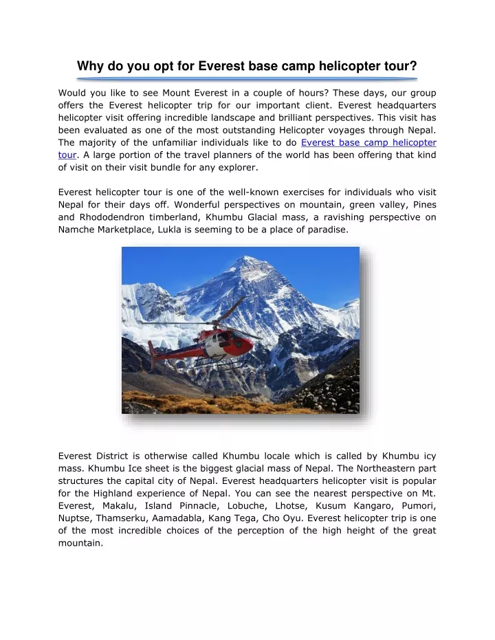 why do you opt for everest base camp helicopter