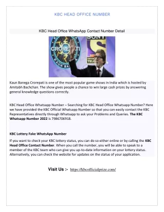 KBC Head Office WhatsApp Contact Number Detail