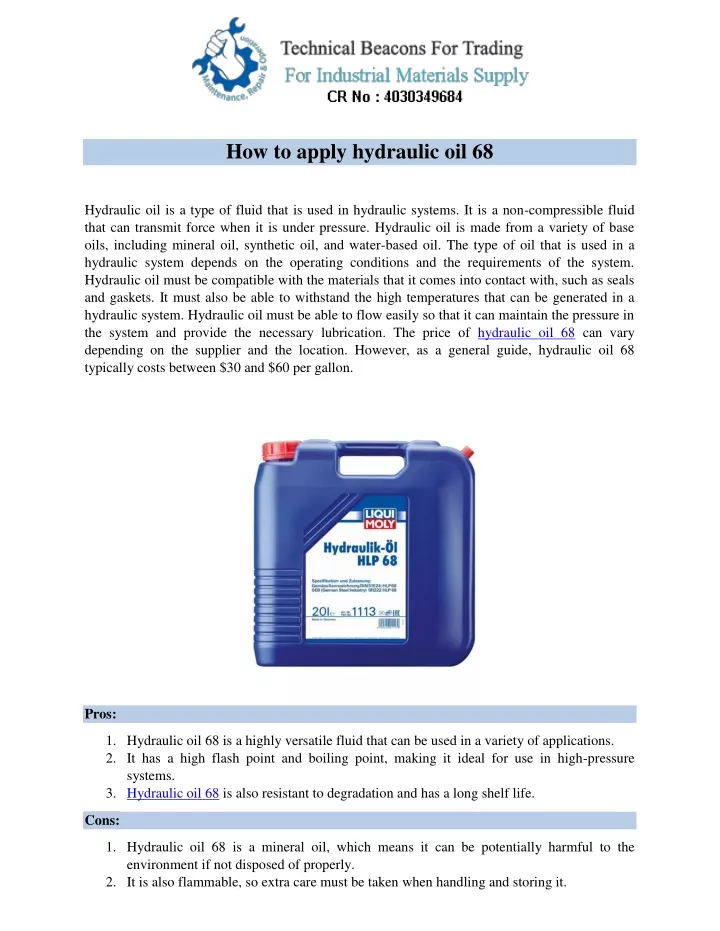 how to apply hydraulic oil 68