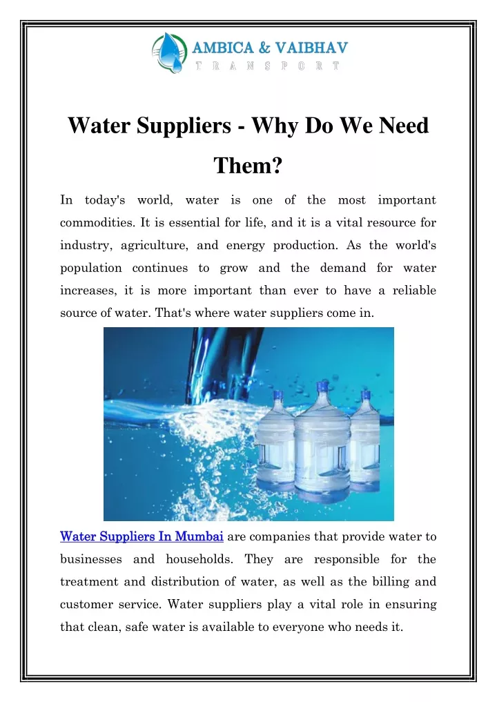 water suppliers why do we need