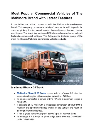 Most Popular Commercial Vehicles of The Mahindra Brand with Latest Features