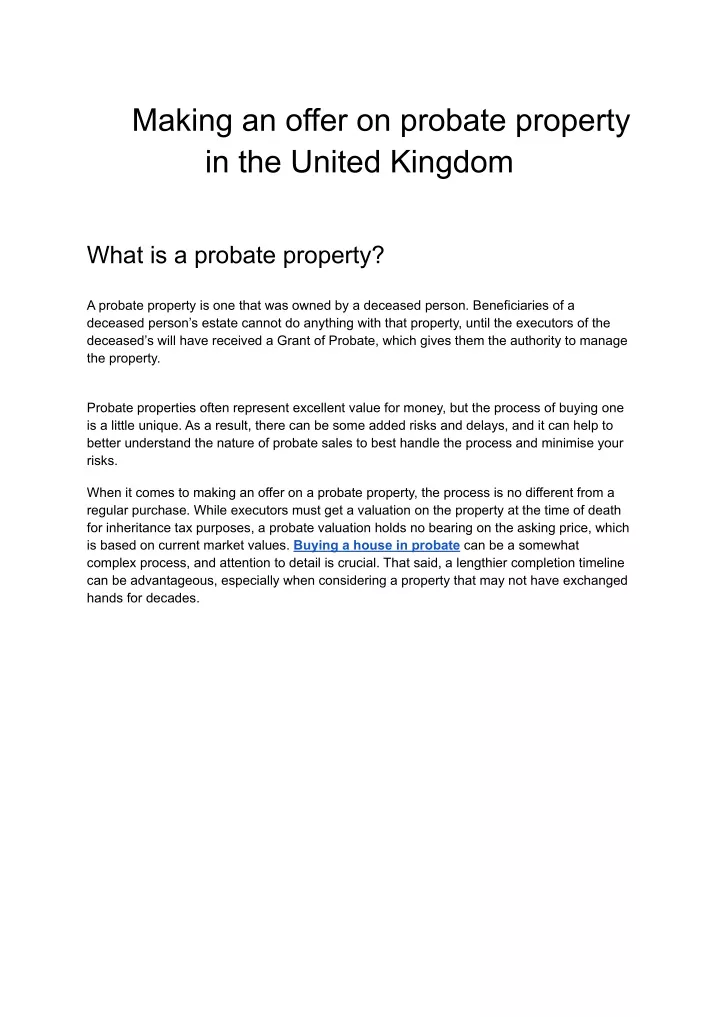 making an offer on probate property in the united