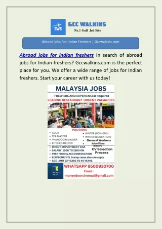 Abroad Jobs For Indian Freshers | Gccwalkins.com