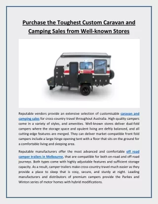 Purchase the Toughest Custom Caravan and Camping Sales from Well-known Stores