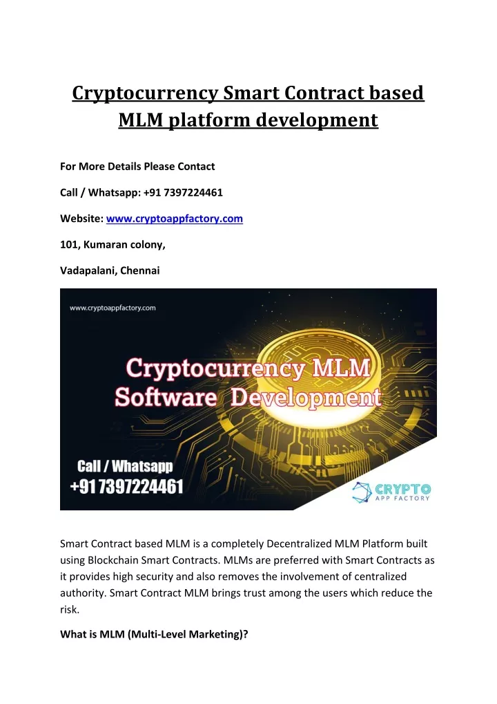 cryptocurrency smart contract based mlm platform