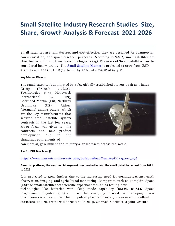 small satellite industry research studies size share growth analysis forecast 2021 2026