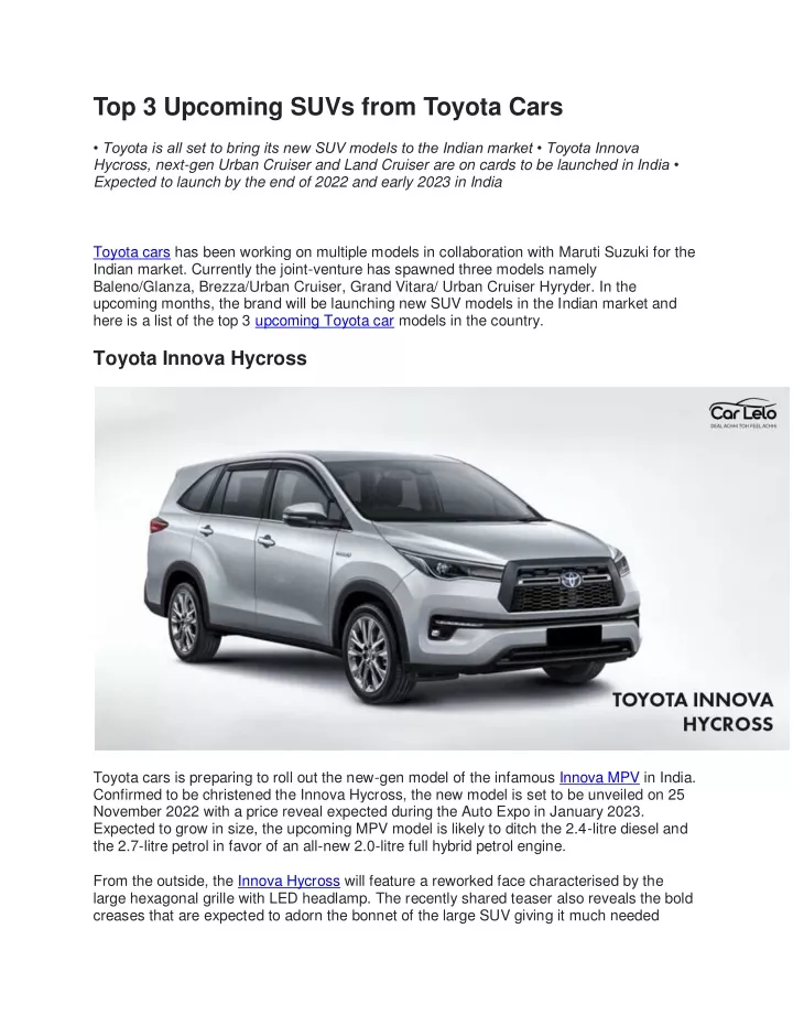 top 3 upcoming suvs from toyota cars