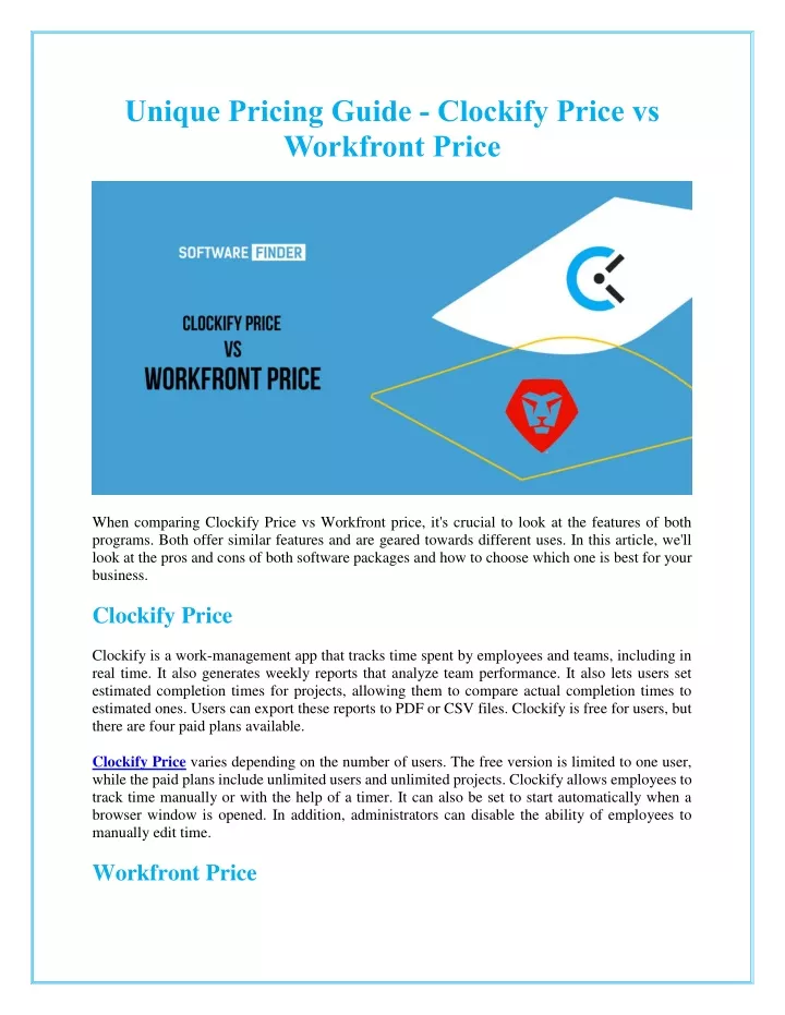 unique pricing guide clockify price vs workfront