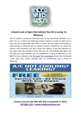 A Quick Look at Signs that Indicate Your AC is Losing  its Efficiency