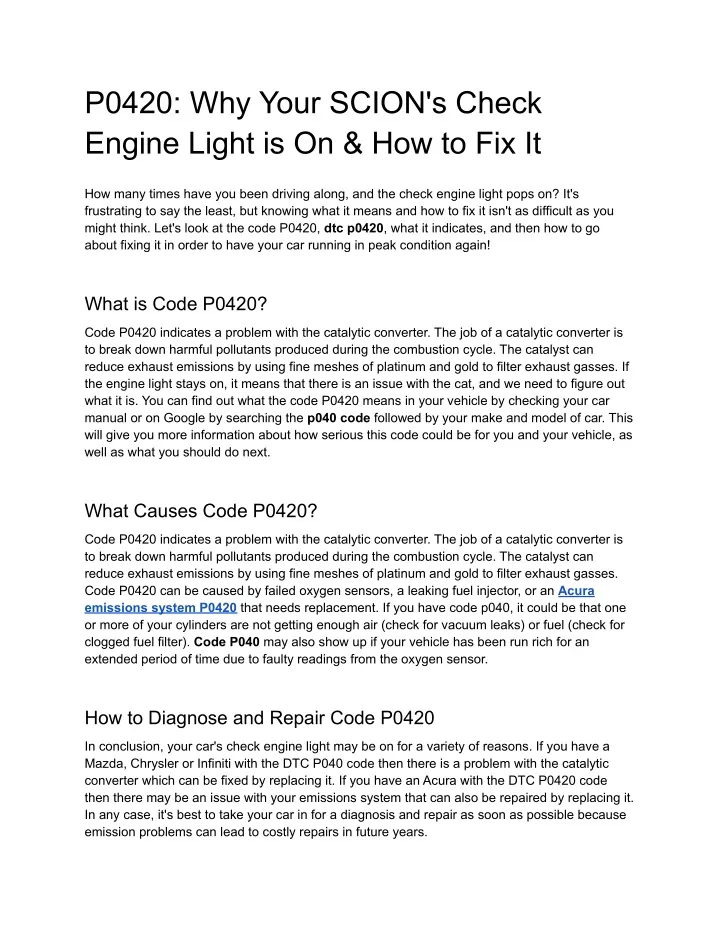 p0420 why your scion s check engine light