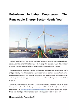 Petroleum Industry Employees_ The Renewable Energy Sector Needs You