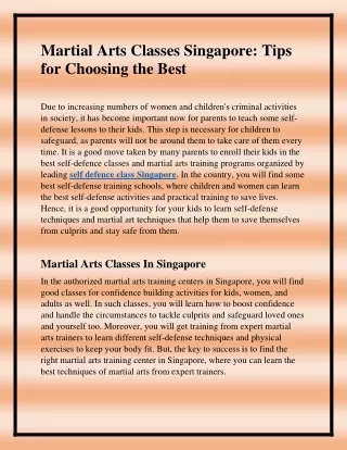 Martial Arts Classes Singapore: Tips for Choosing the Best