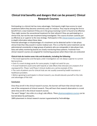 Clinical trial benefits and dangers that can be present Clinical Research Courses