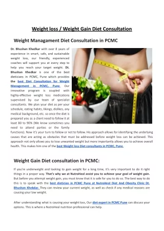 Weight Gain Diet Consultation | Weight Loss Diet Consultation in PCMC: Dt. Bhush
