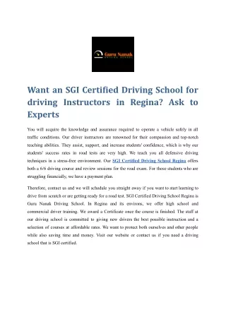 Want an SGI Certified Driving School for Driving Instructors in Regina?