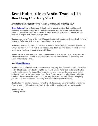 Brent Huisman from Austin, Texas to Join Den Haag Coaching Staff