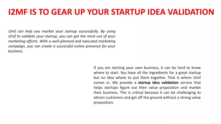 i2mf is to gear up your startup idea validation
