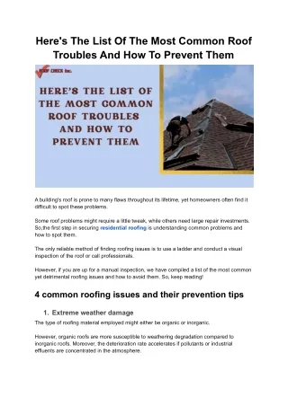 Here's The List Of The Most Common Roof Troubles And How To Prevent Them