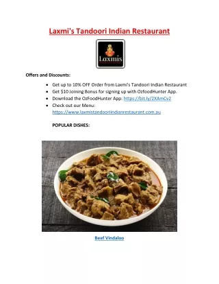 Laxmi's Tandoori Menu - Up to 10% off Order now