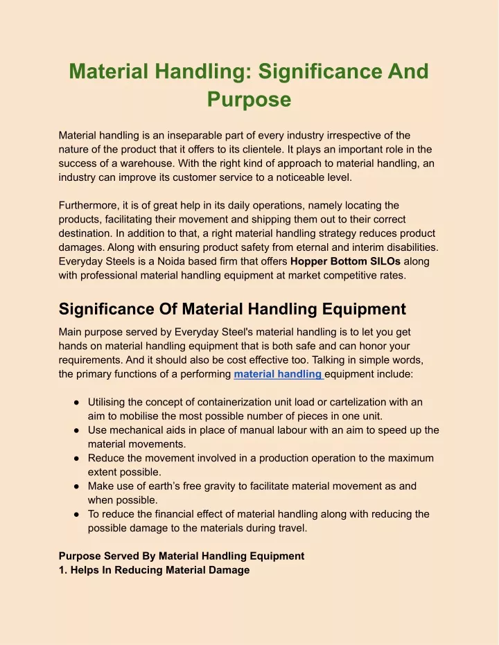 material handling significance and purpose