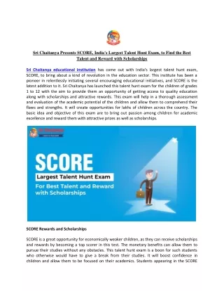 Sri Chaitanya Presents SCORE, India's Largest Talent Hunt Exam, to Find the Best Talent and Reward with Scholarships