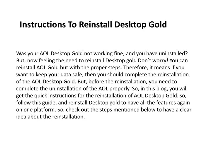 instructions to reinstall desktop gold